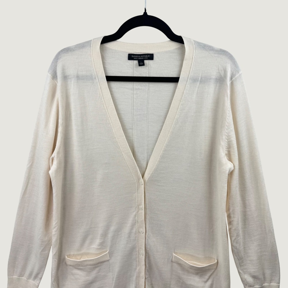 Banana Republic Cardigan Womens Large Ivory Merino Wool V-Neck Button Pockets - Picture 5 of 12